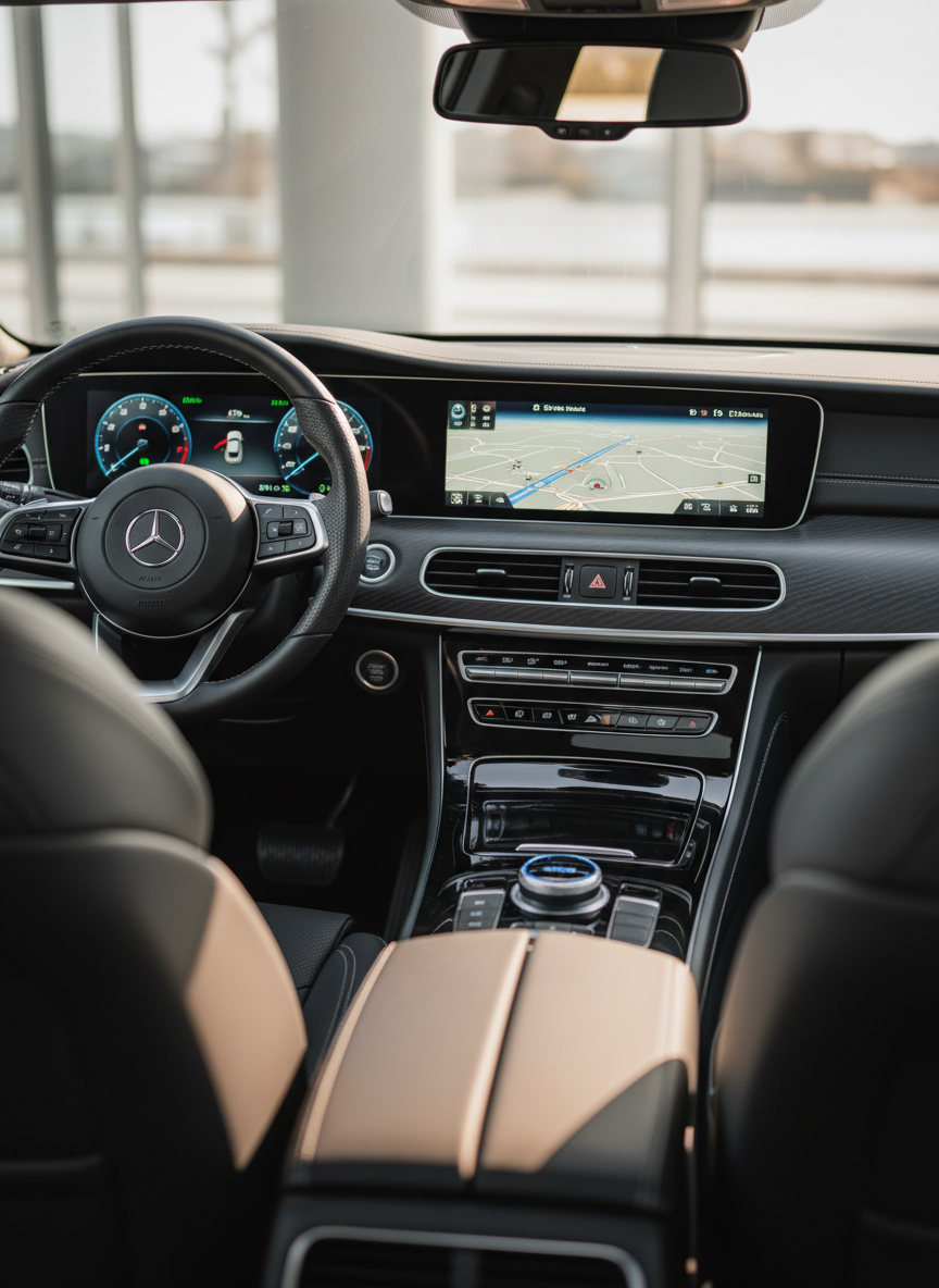 The interior of a sleek, high-end rental car, focusing on the driver’s area: a black leather steering wheel with subtle stitching, a bright digital dashboard display, and a glossy central console with metallic accents and an illuminated gear selector. The car is parked near large windows, allowing soft, diffused daylight to wash over the dashboard, creating gentle highlights on the leather and chrome surfaces. Shot from the back seat toward the front at eye level, the composition emphasizes comfort, technology, and cleanliness, with a shallow depth of field that softly blurs the back seats. The mood is professional, premium, and reassuring, rendered in photographic realism with a clean, uncluttered look ideal for showcasing vehicle quality on a rental site.