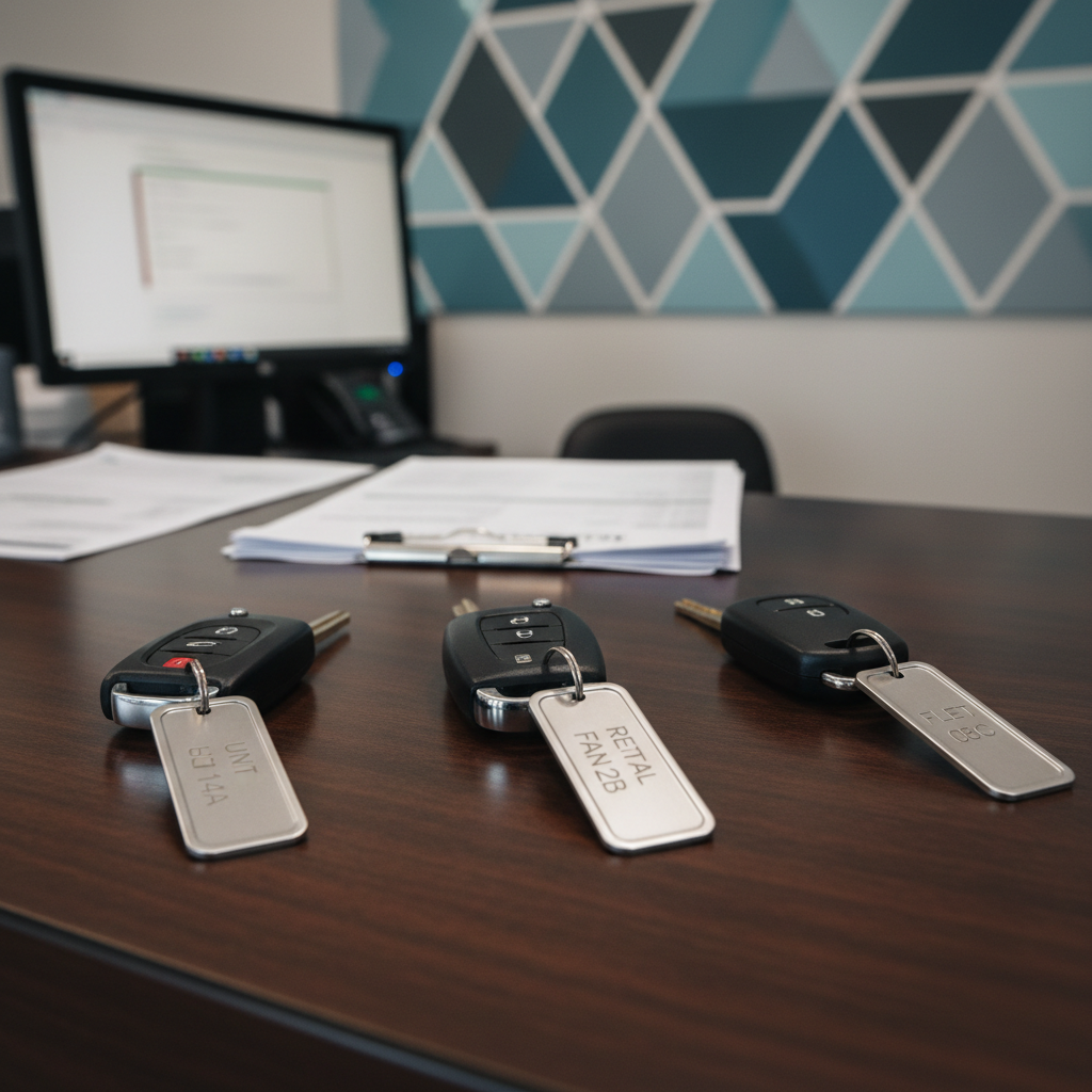 A set of three different rental car keys resting neatly on a dark wooden reception counter, each key attached to a minimalist metallic key tag engraved with simple, generic numbers. Behind them, slightly out of focus, stands a computer monitor, a stack of organized rental forms, and a subtle, abstract wall graphic in cool blue tones. Overhead office lighting provides even, soft illumination, producing mild reflections on the polished counter surface and delicate shadows around the keys. Captured from a low, close-up angle with shallow depth of field, the keys are the clear focal point. The atmosphere is organized, efficient, and trustworthy, with a modern photographic style perfect for communicating the process of daily, weekly, or monthly car rentals.